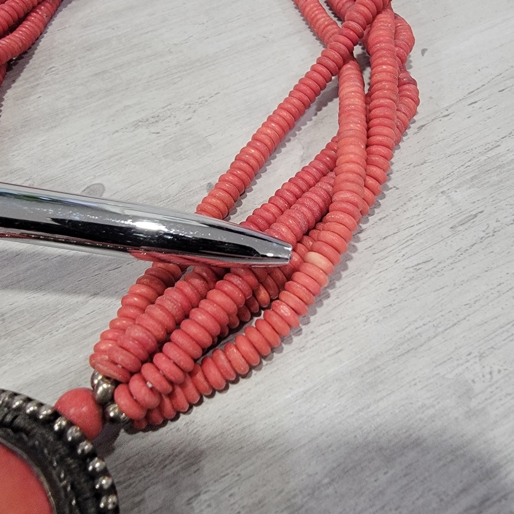 Vintage Boho Coral Multi Strand Beaded Torsade Necklace Tropical Earthy - Picture 10 of 17